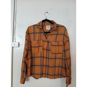 C&C California Plaid Button Down Shirt Orange Black White Women's Size Medium